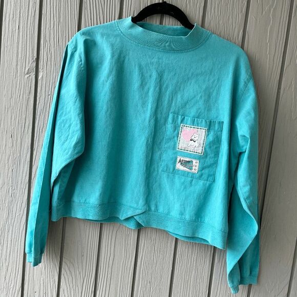 Vintage 90s Gitano Scottie Dog Cropped Shirt Teal M Y2K Kidcore Cute - Picture 9 of 12
